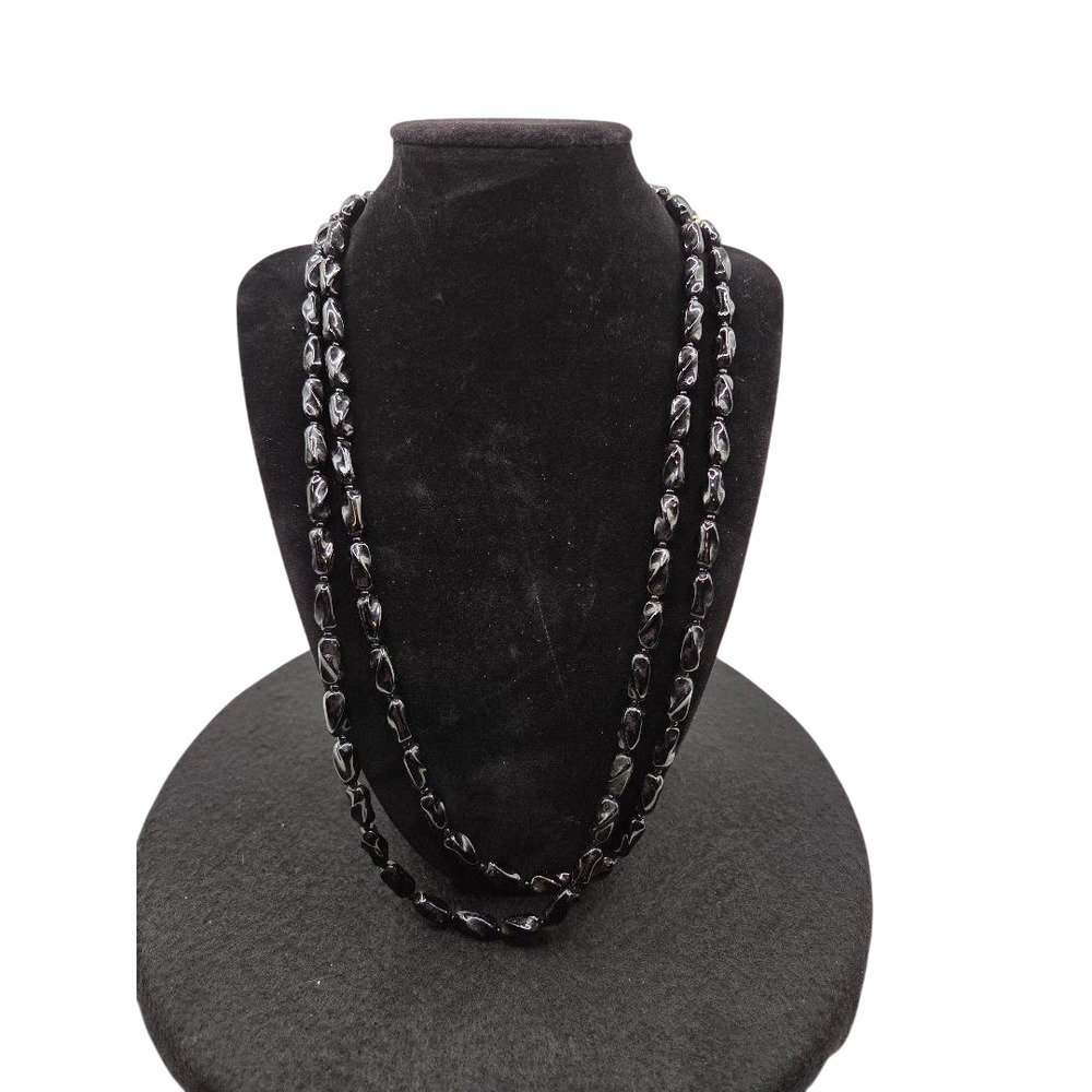 Black Glass Bead Necklace Single Strand Organic Nugget Shape Long Statement